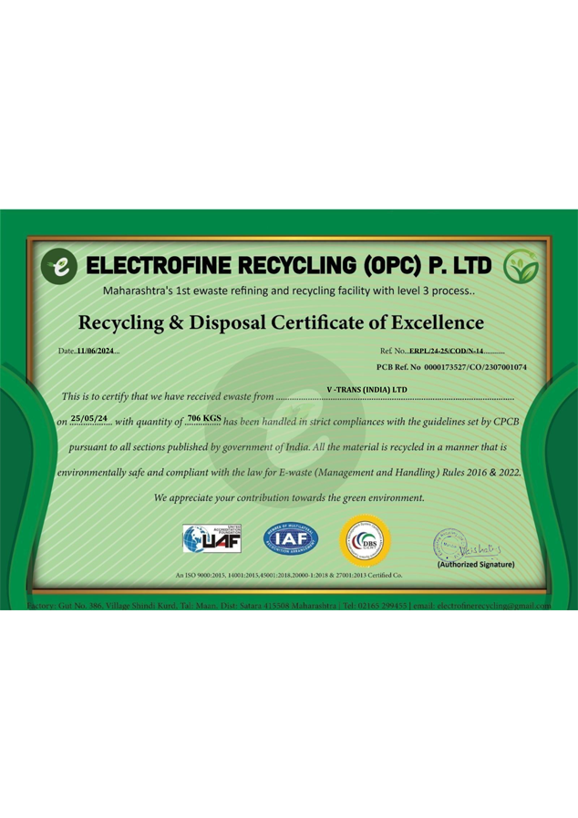 Recycling & Disposal Certificate of Excellence